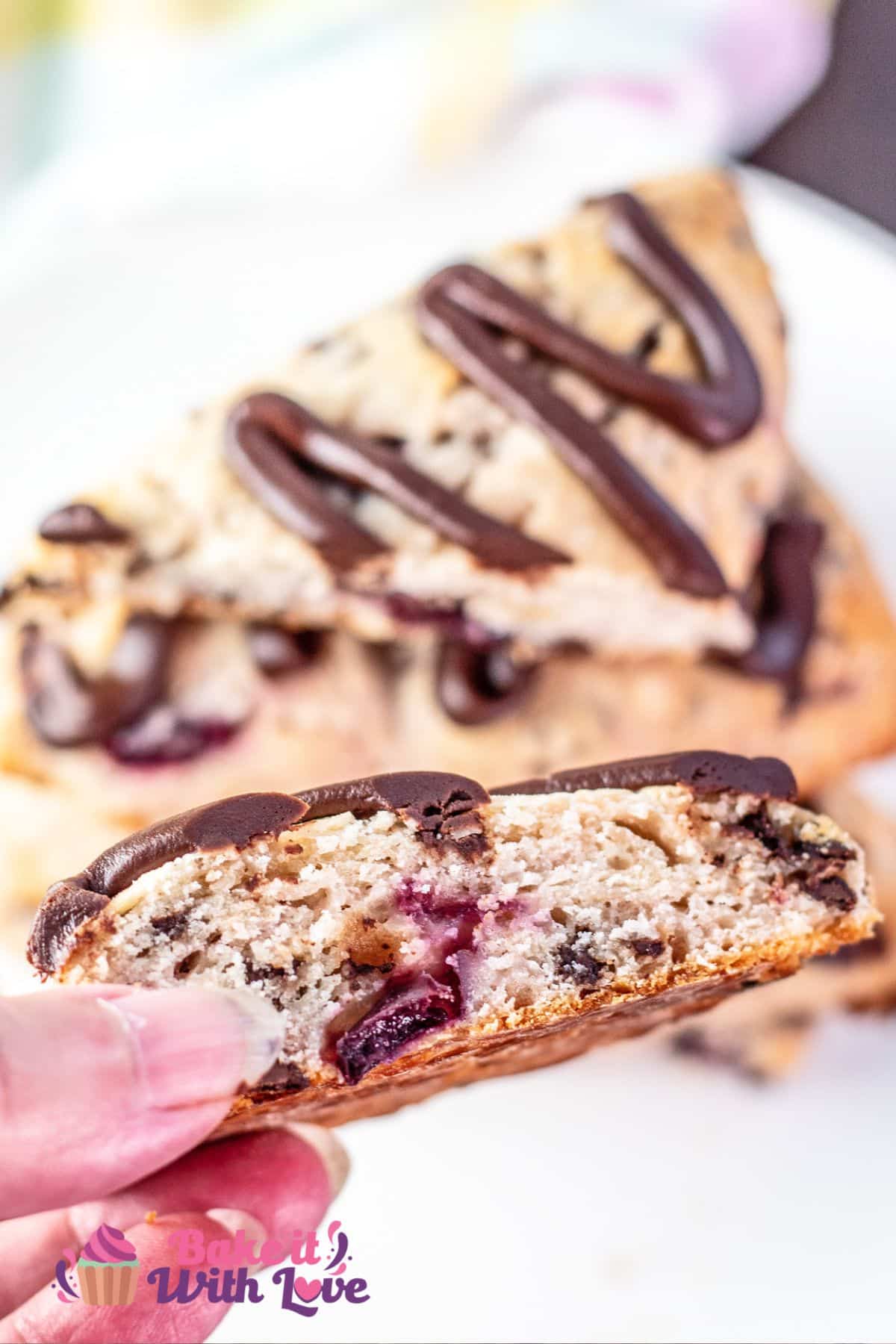 A cut cherry chocolate chip scone lifted by hand and showing the tender, sweet center.
