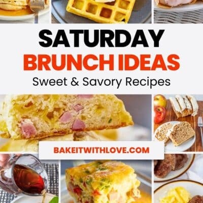 A Saturday Brunch Ideas Pinterest pin with a collage of multiple horizontal, square, and tall images showing different sweet and savory brunch recipes with a white horizontal text box that reads 'Saturday Brunch Ideas' in black and red text.