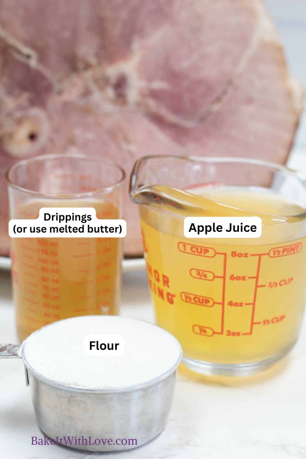 A tall image showing ham gravy ingredients with labels.