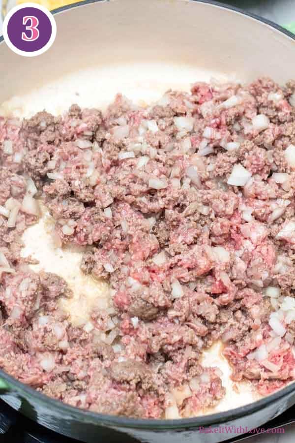 Hamburger pie casserole process photo 3 showing the mostly cooked ground beef and minced onion.