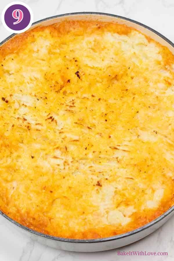 Hamburger pie casserole process photo 9 showing the golden, baked, cheesy casserole out of the oven.