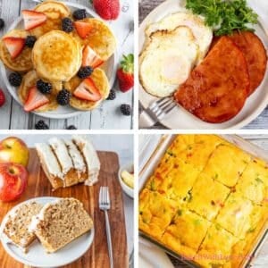 A square four image collage showing easy and delicious Saturday brunch recipes including mini silver dollar pancakes, brown sugar glazed ham steaks, cinnamon apple bread, and a baked denver omelet casserole.