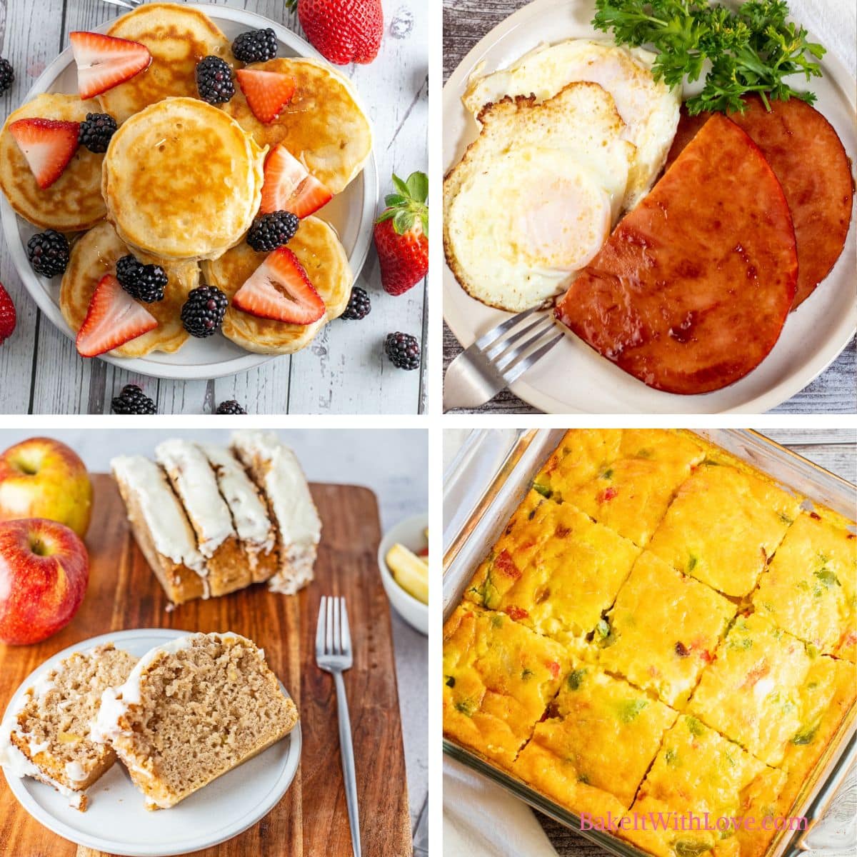 A square four image collage showing easy and delicious Saturday brunch recipes including mini silver dollar pancakes, brown sugar glazed ham steaks, cinnamon apple bread, and a baked denver omelet casserole.