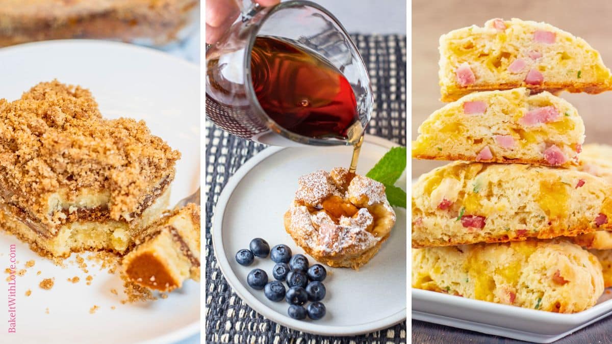 A wide trio of tall images showing close-up photos of easy Saturday brunch recipes including a slice of sour cream coffee cake, a French toast muffin with blueberries, and golden ham and cheese scones piled high on a serving platter.